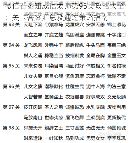 微信看图知成语太师第95关攻略大全：关卡答案汇总及通过策略指南