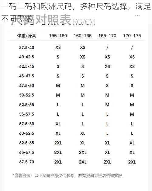 一码二码和欧洲尺码，多种尺码选择，满足不同需求
