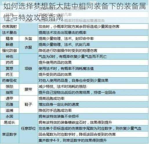 如何选择梦想新大陆中相同装备下的装备属性与特效攻略指南