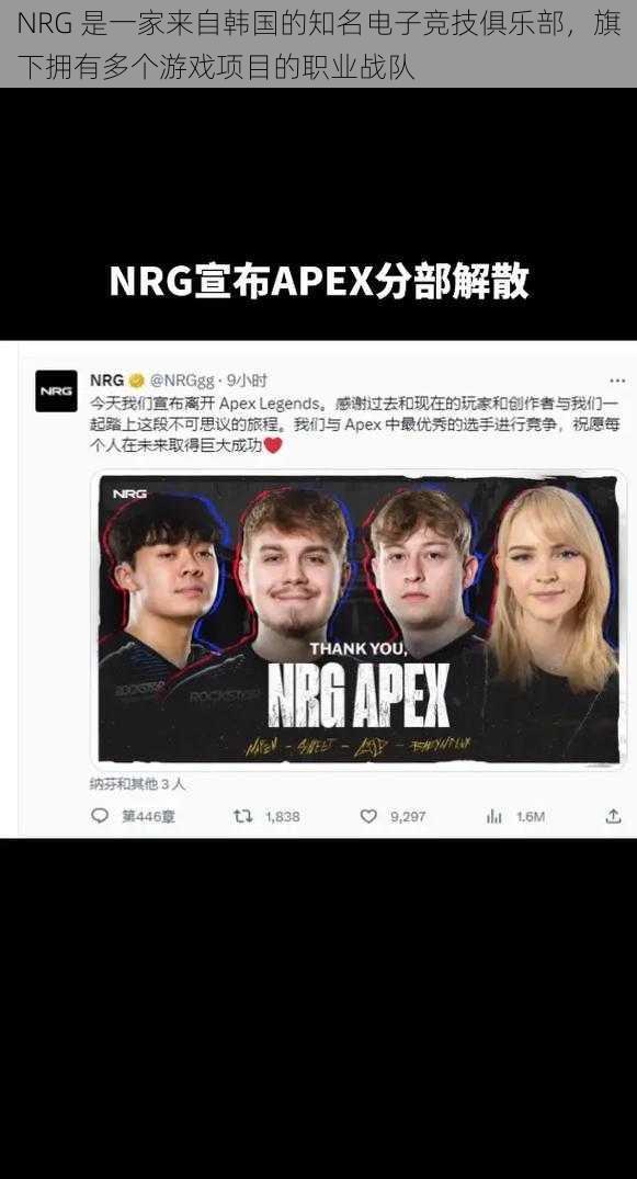 NRG 是一家来自韩国的知名电子竞技俱乐部，旗下拥有多个游戏项目的职业战队