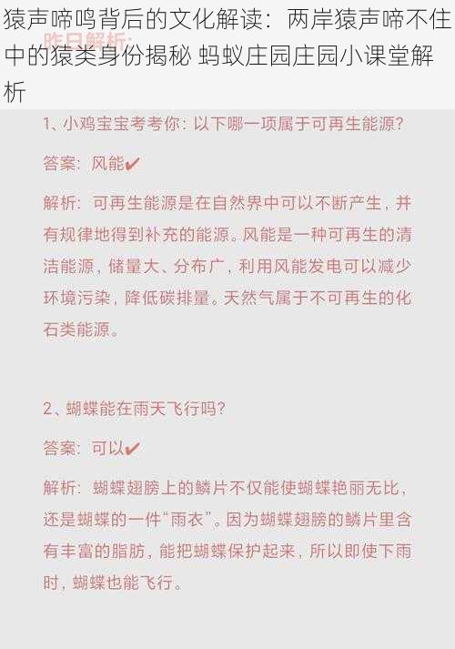 猿声啼鸣背后的文化解读：两岸猿声啼不住中的猿类身份揭秘 蚂蚁庄园庄园小课堂解析