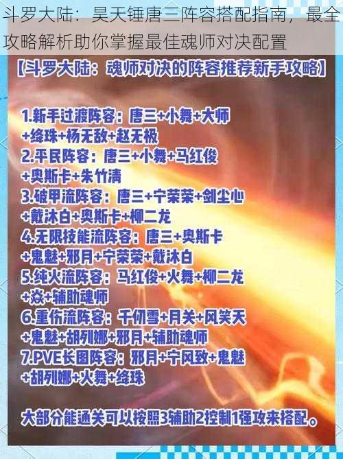 斗罗大陆：昊天锤唐三阵容搭配指南，最全攻略解析助你掌握最佳魂师对决配置