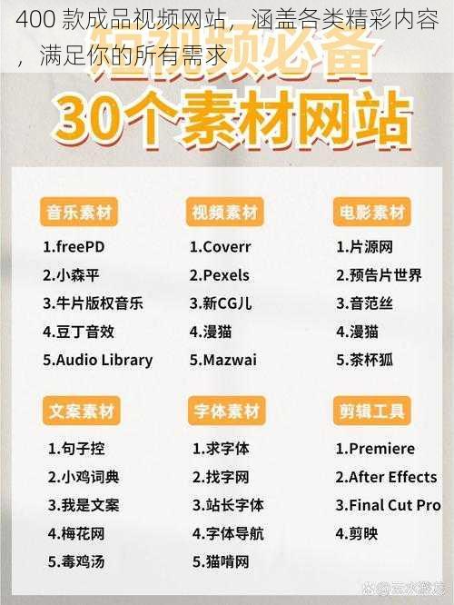 400 款成品视频网站，涵盖各类精彩内容，满足你的所有需求