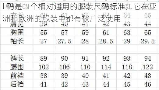 l 码是一个相对通用的服装尺码标准，它在亚洲和欧洲的服装中都有被广泛使用